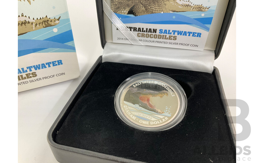Australian RAM 2014 One Dollar Coloured Silver Proof Coin, Graham - Australian Saltwater Crocodiles .999