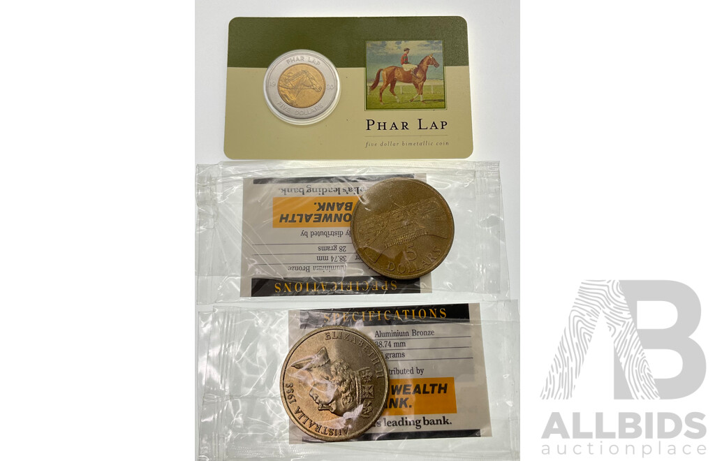 Three Australian Commemorative Five Dollar Coins Including 1988 Parliament House Opening (2) and 2000 Phar Lap