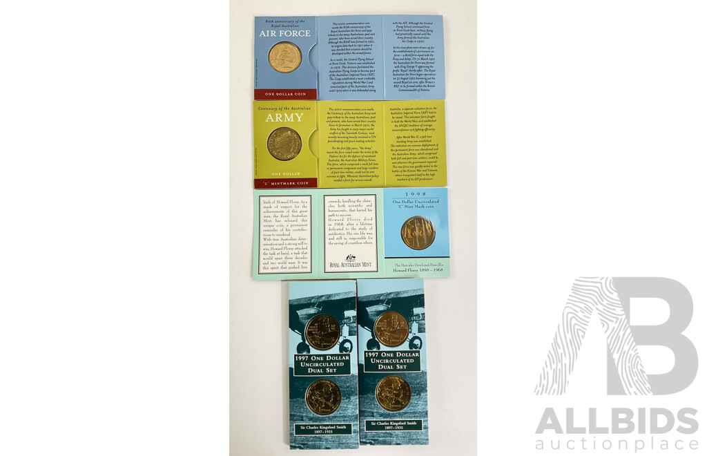 Australian Commemorative One Dollar Coins Including Two 1997 Kingsford Smith Dual Sets, 1998 Howard Florey 'C' Mint Mark, 2001 Air Force and Army 'C' Mint Mark