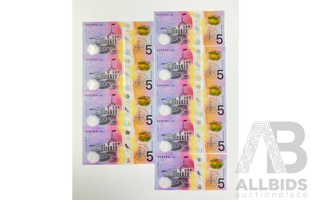 Nine Australian 2016 Next Generation Five Dollar Notes R224 Consecutive AJ 161574076 to AJ 161574079 and AI 161573980 to AI 161573984
