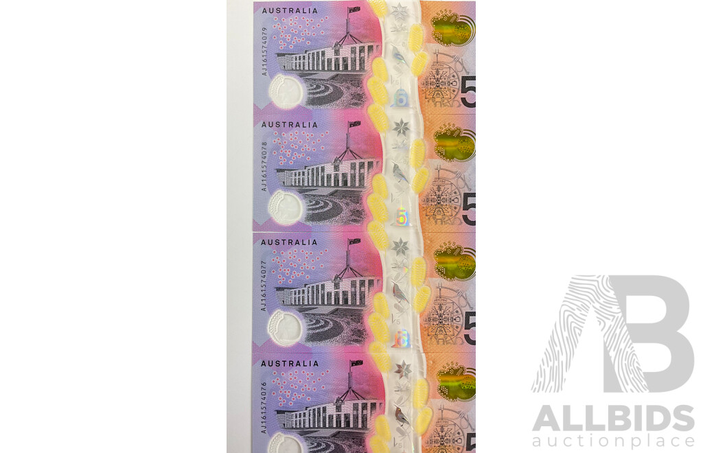 Nine Australian 2016 Next Generation Five Dollar Notes R224 Consecutive AJ 161574076 to AJ 161574079 and AI 161573980 to AI 161573984