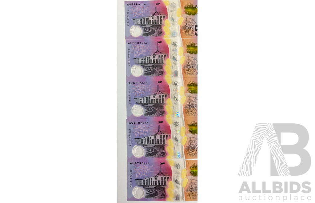 Nine Australian 2016 Next Generation Five Dollar Notes R224 Consecutive AJ 161574076 to AJ 161574079 and AI 161573980 to AI 161573984