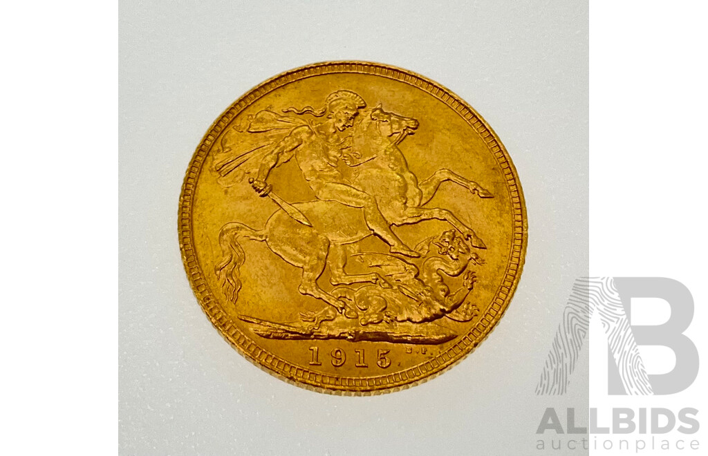 Australian 1915 KGV Gold Sovereign, Sydney Mint .917, Ex Bank of Albania Gold Sale 1990/91
