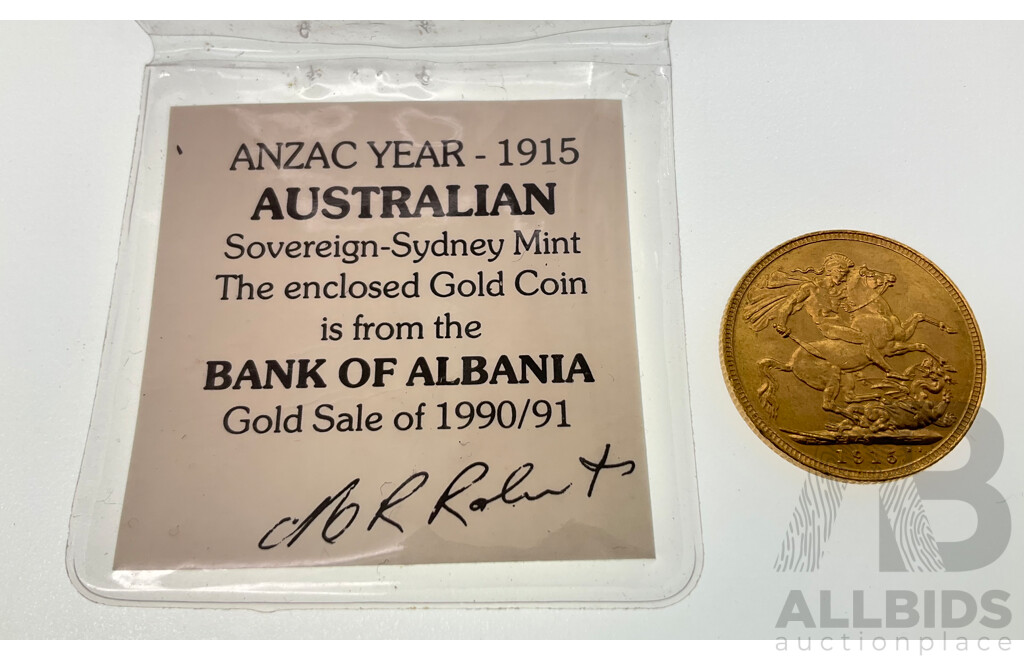 Australian 1915 KGV Gold Sovereign, Sydney Mint .917, Ex Bank of Albania Gold Sale 1990/91