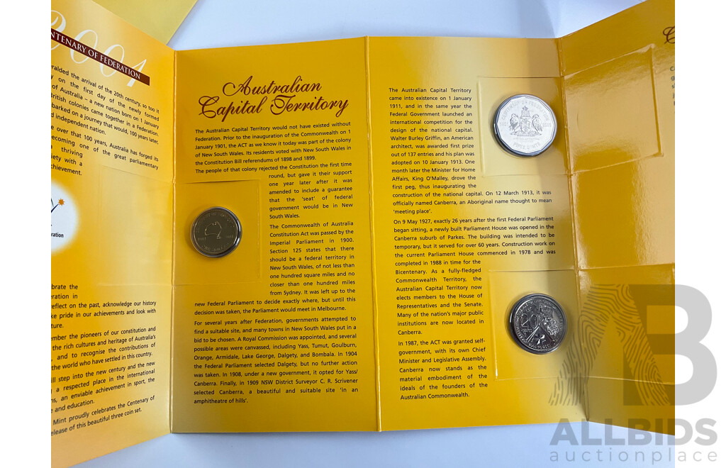 Two Australian RAM 2001 Centenary of Federation Three Coin Sets, One Dollar, Fifty and Twenty Cent, Victoria and Australian Capital Territory