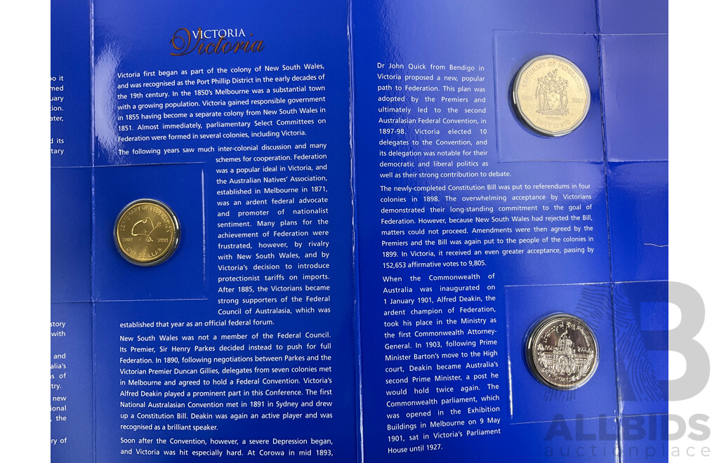 Two Australian RAM 2001 Centenary of Federation Three Coin Sets, One Dollar, Fifty and Twenty Cent, Victoria and Australian Capital Territory