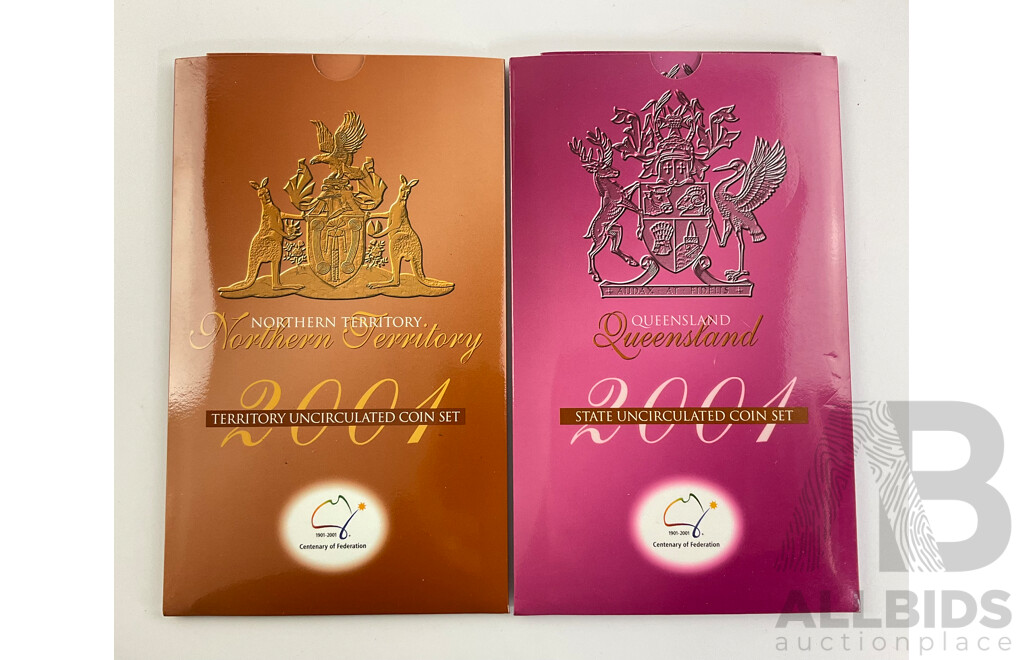 Two Australian RAM 2001 Centenary of Federation Three Coin Sets, One Dollar, Fifty and Twenty Cent, Queensland and Northern Territory