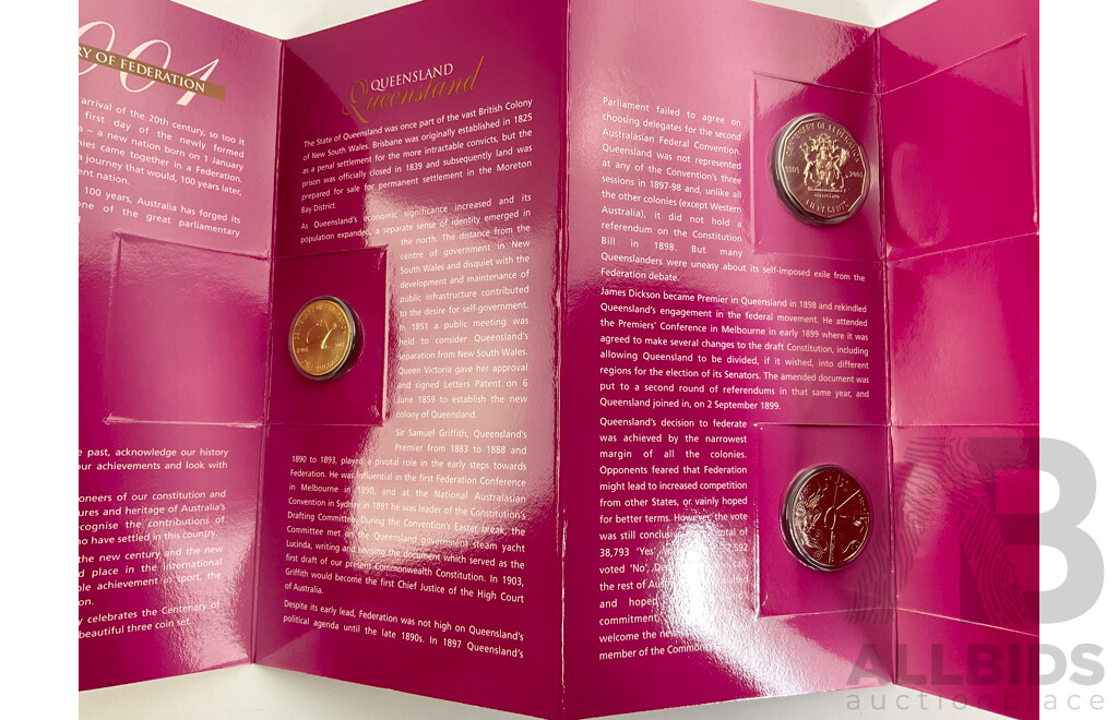 Two Australian RAM 2001 Centenary of Federation Three Coin Sets, One Dollar, Fifty and Twenty Cent, Queensland and Northern Territory