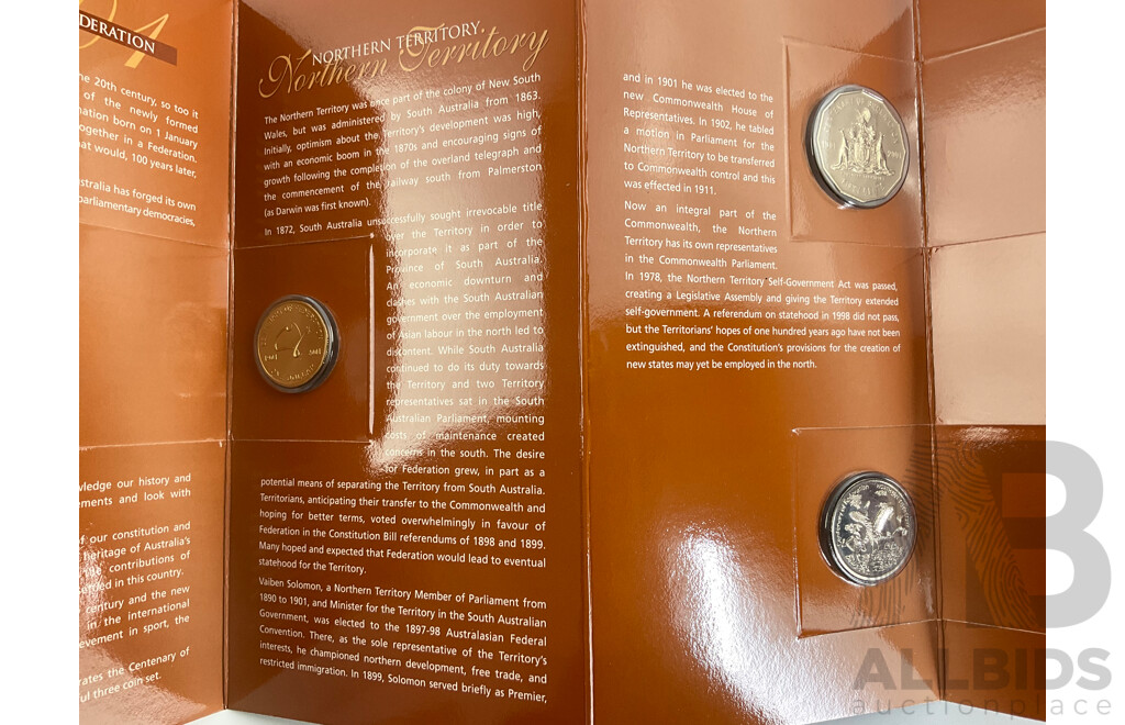Two Australian RAM 2001 Centenary of Federation Three Coin Sets, One Dollar, Fifty and Twenty Cent, Queensland and Northern Territory