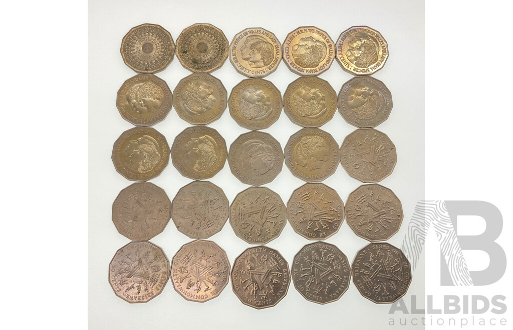 Australian Commemorative Fifty Cent Coins Including 1977 Jubilee(2) 1981 Charles and Diana(12) 1982 Commonwealth Games(11)