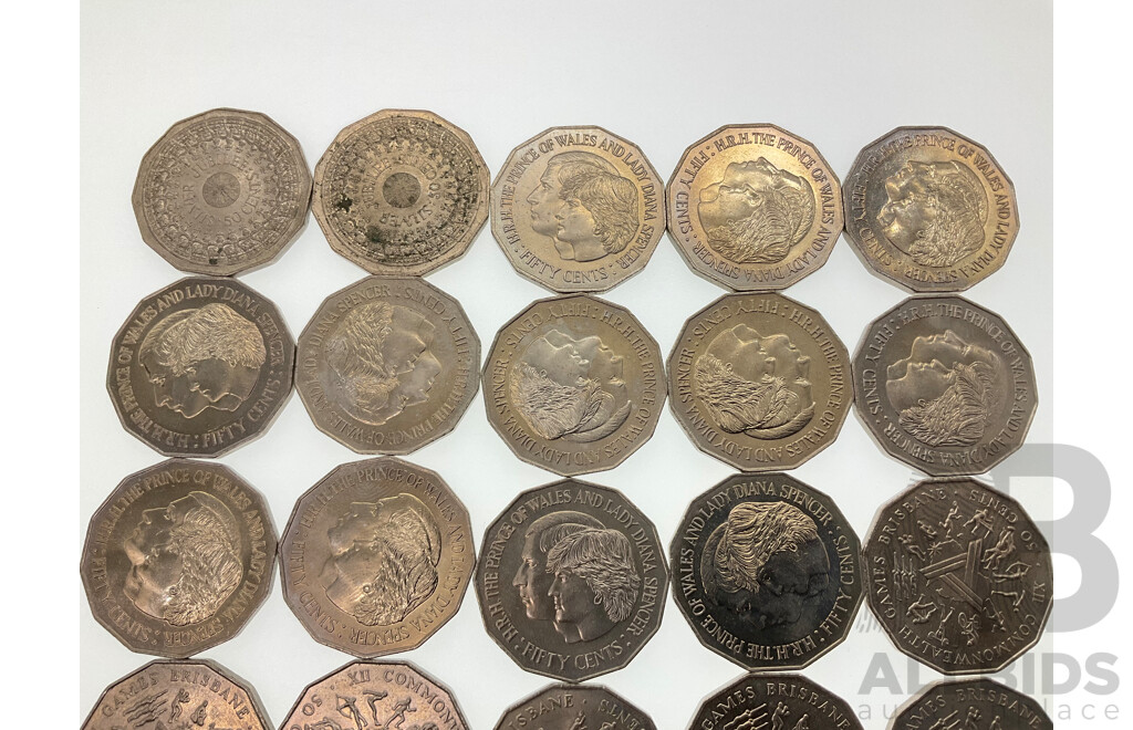 Australian Commemorative Fifty Cent Coins Including 1977 Jubilee(2) 1981 Charles and Diana(12) 1982 Commonwealth Games(11)