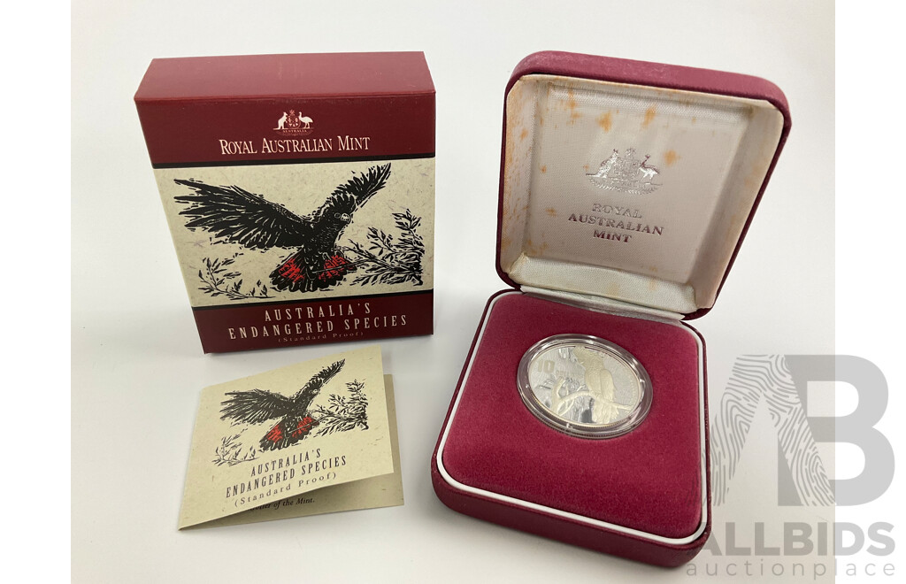 Australian RAM 1997 Silver Proof Ten Dollar Coin, Australia's Endangered Species, South Eastern Red Tailed Black Cockatoo .925