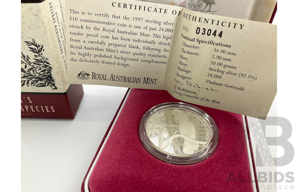 Australian RAM 1997 Silver Proof Ten Dollar Coin, Australia's Endangered Species, South Eastern Red Tailed Black Cockatoo .925