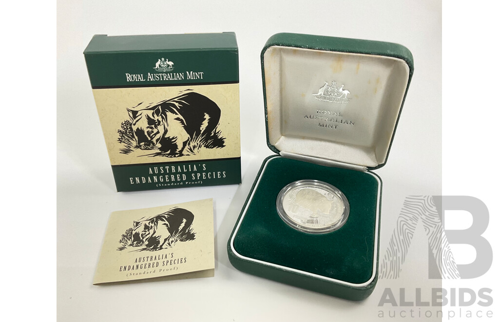 Australian RAM 1998 Silver Proof Ten Dollar Coin, Australia's Endangered Species, Northern Hairy Nosed Wombat .925