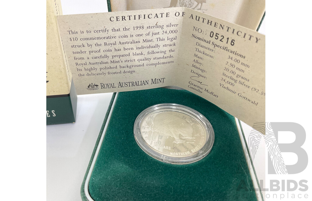 Australian RAM 1998 Silver Proof Ten Dollar Coin, Australia's Endangered Species, Northern Hairy Nosed Wombat .925