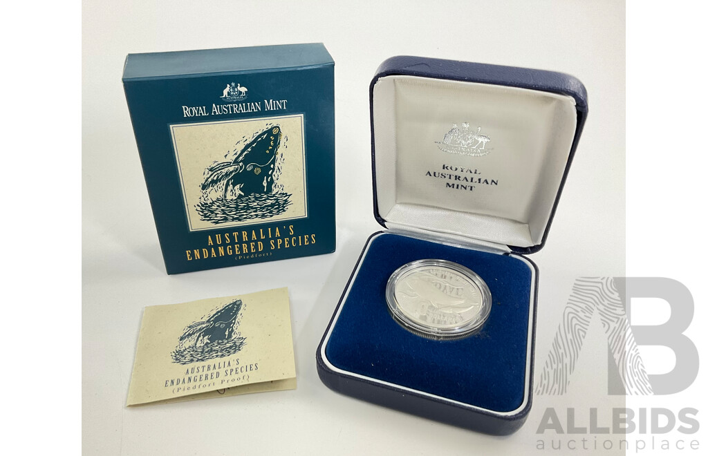 Australian RAM 1996 Silver Piedfort Proof Ten Dollar Coin, Australia's Endangered Species, Southern Right Whale .925