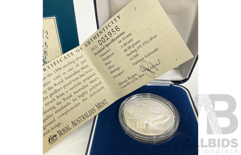 Australian RAM 1996 Silver Piedfort Proof Ten Dollar Coin, Australia's Endangered Species, Southern Right Whale .925