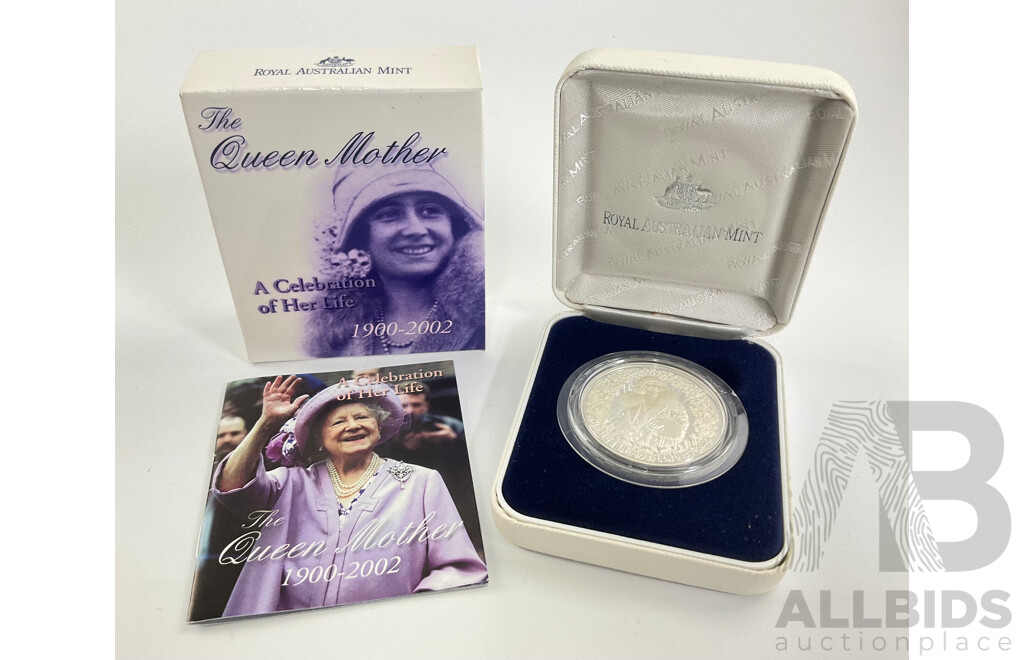 Australian RAM 2002 Silver Proof Five Dollar Coin, Queen Mother, Celebration of Her Life .999