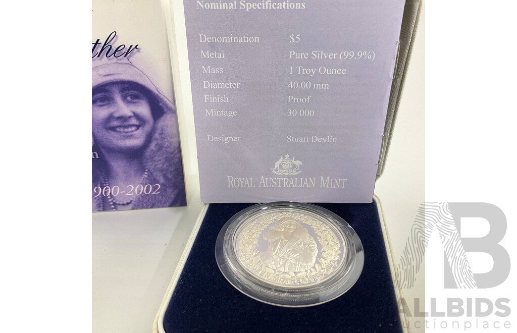 Australian RAM 2002 Silver Proof Five Dollar Coin, Queen Mother, Celebration of Her Life .999