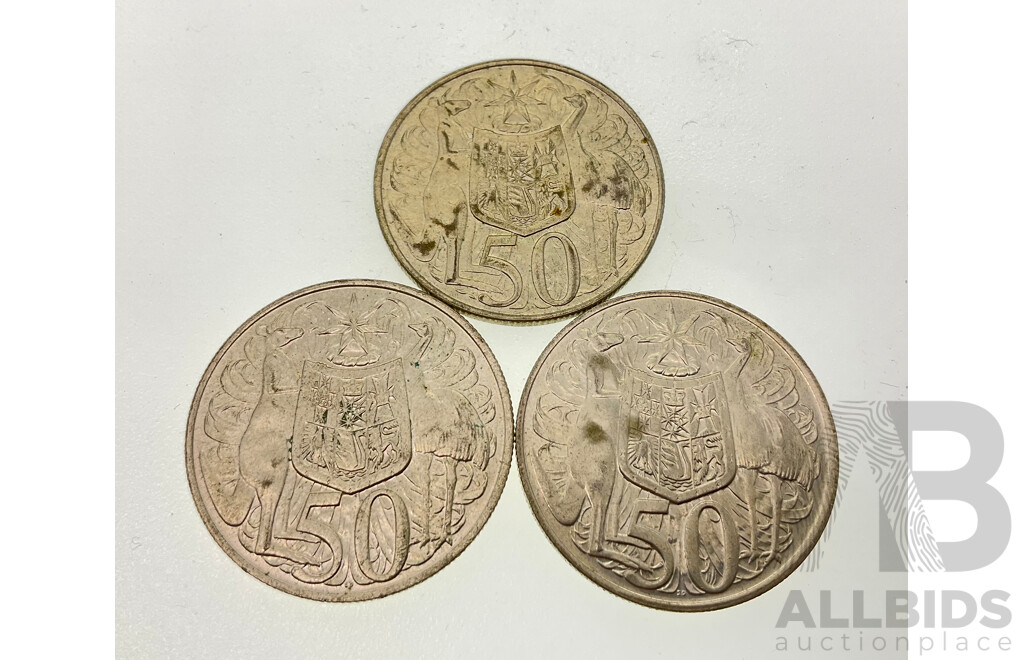 Three Australian 1966 Round Silver Fifty Cent Coins .800