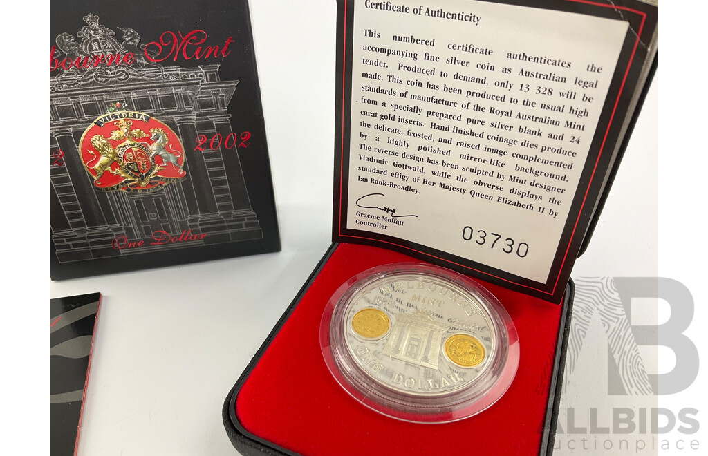 Australian RAM 2002 Silver Proof/Gold Inserts One Dollar Coin, Melbourne Mint 130 Years .999