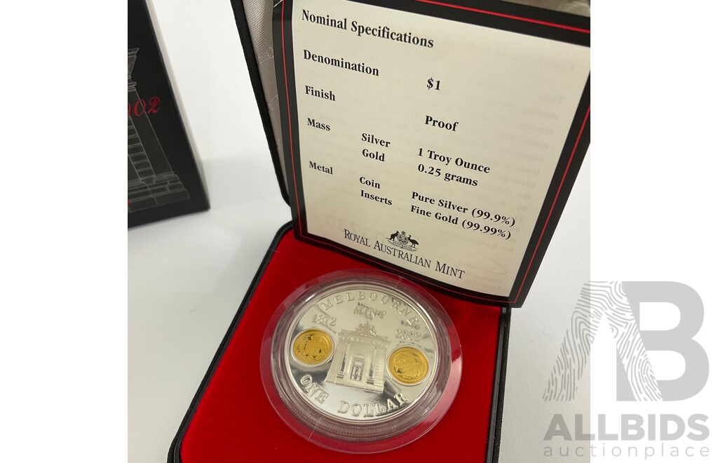 Australian RAM 2002 Silver Proof/Gold Inserts One Dollar Coin, Melbourne Mint 130 Years .999