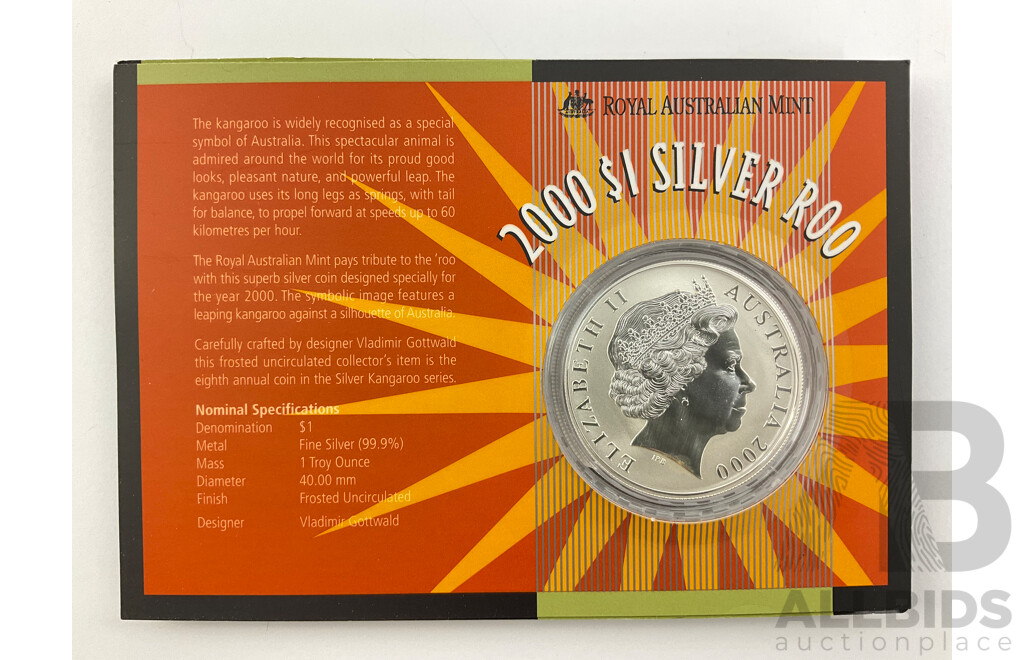 Australian RAM 2000 Silver Frosted One Dollar Coin, 'Silver Roo' .999