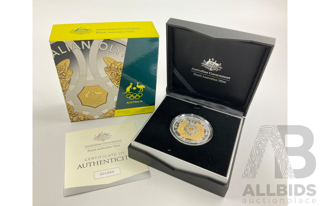 Australian RAM 2016 Silver Gold Plated Five Dollar Coin, Australian Olympic Team .999