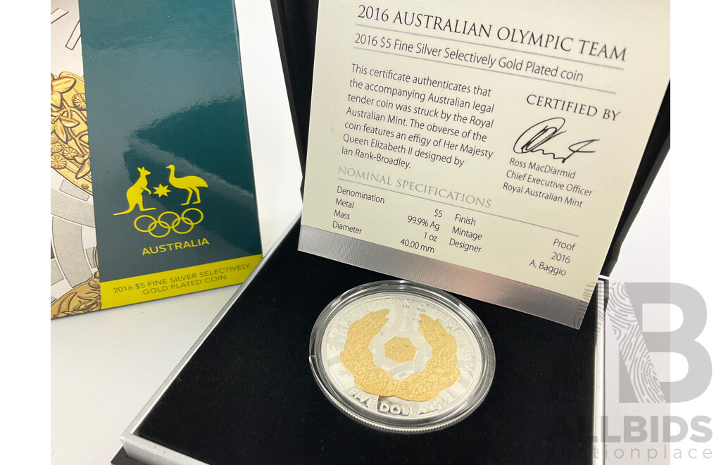Australian RAM 2016 Silver Gold Plated Five Dollar Coin, Australian Olympic Team .999
