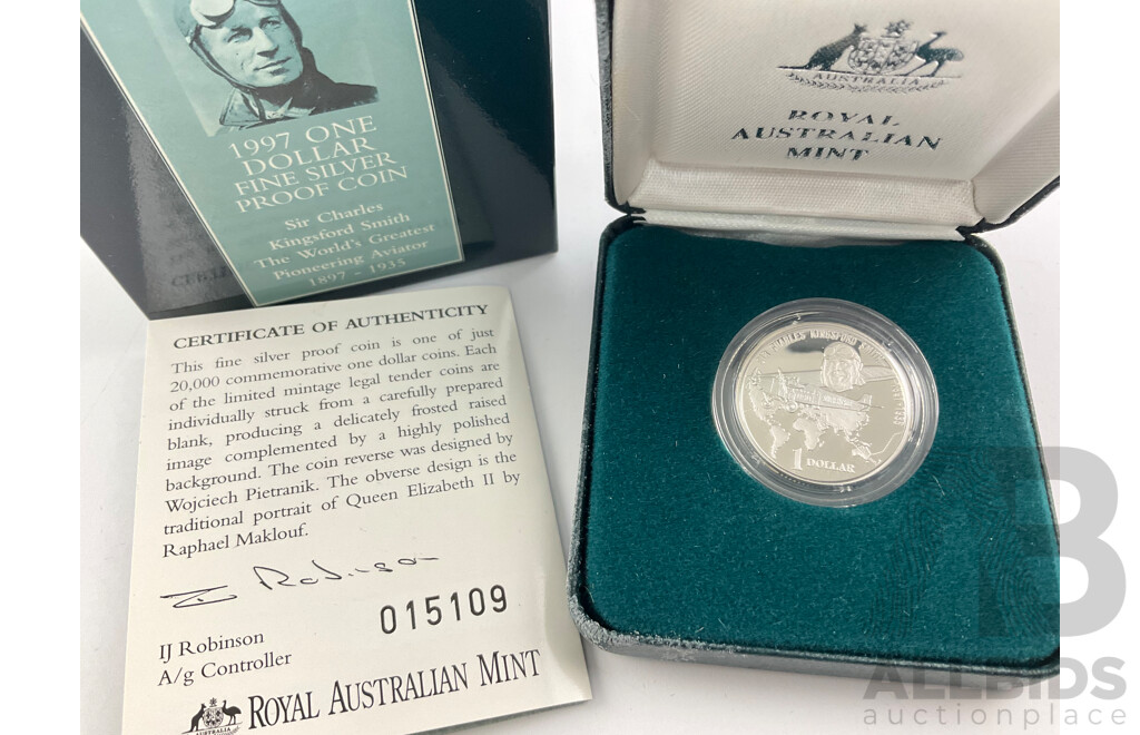 Australian RAM 1990 Silver Proof One Dollar Coin, Sir Charles Kingsford Smith .999