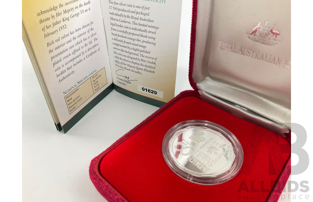 Australian RAM 2002 Silver Proof Fifty Cent Coin, 50th Anniversary Accession QE2 1952-2002 .999