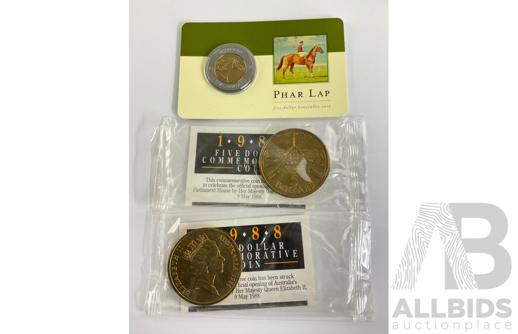 Three Australian Commemorative Five Dollar Coins Including 1988 Parliament House Opening (2) and 2000 Phar Lap