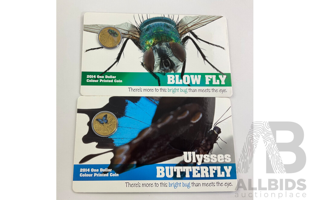 Australian RAM 2014 Colour Printed One Dollar Coins, Blow Fly and Ulysses Butterfly