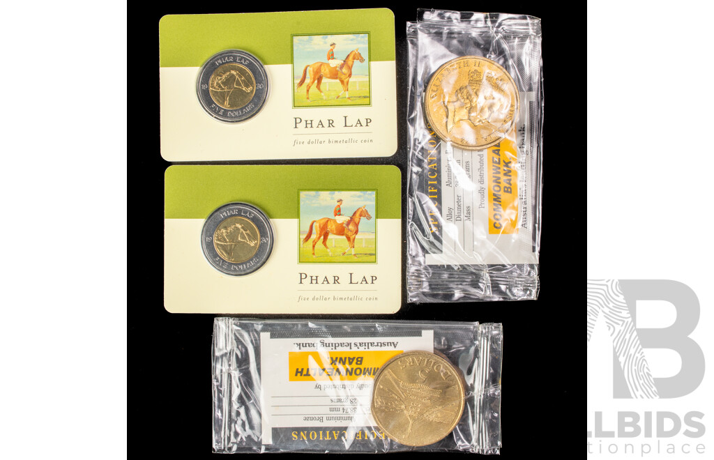 Four Australian Commemorative Five Dollar Coins Including 1988 Parliament House Opening (2) and 2000 Phar Lap(2)