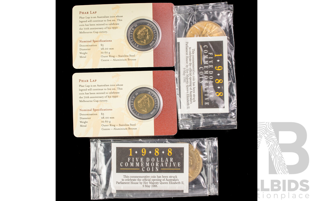 Four Australian Commemorative Five Dollar Coins Including 1988 Parliament House Opening (2) and 2000 Phar Lap(2)
