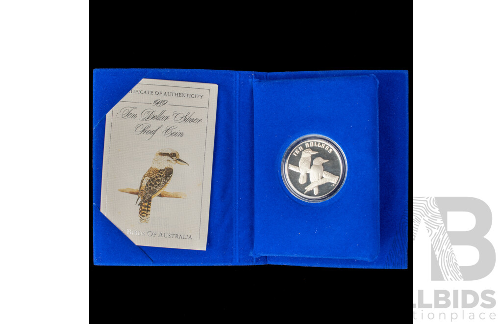 Australian RAM 1989 Silver Proof Ten Dollar Coin, Birds of Australia, Kookaburra .925