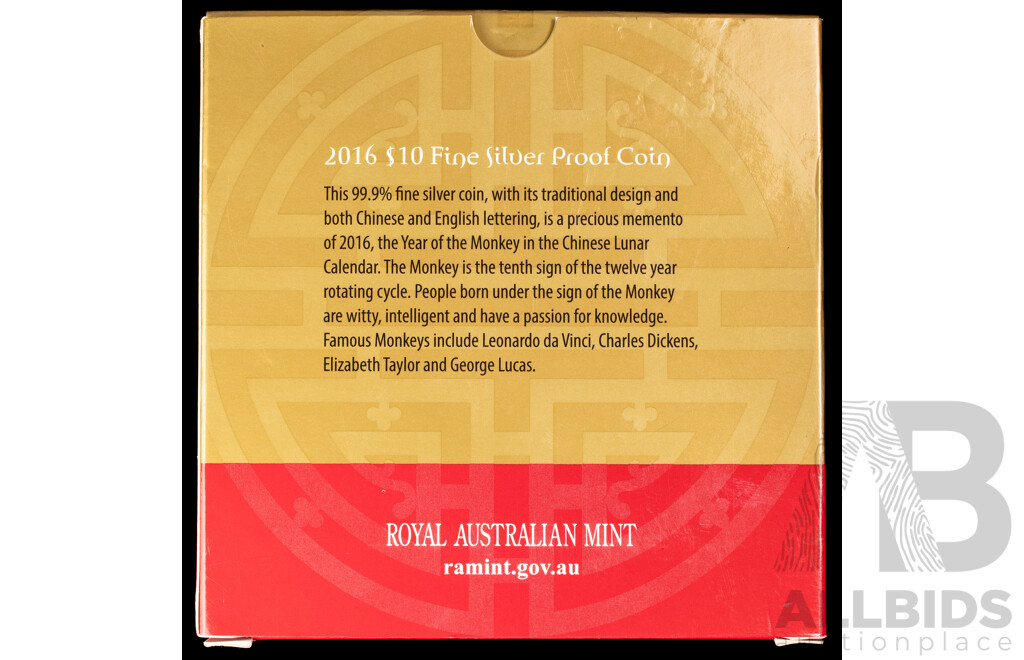 Australian RAM 2016 Silver Proof Ten Dollar Coin, Lunar Series Year of the Monkey .999