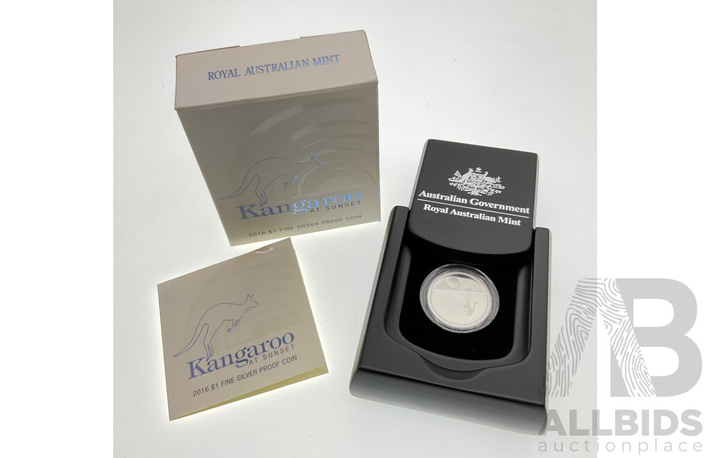 Australian RAM 2016 One Dollar Silver Proof Coin, Kangaroo at Sunset .999