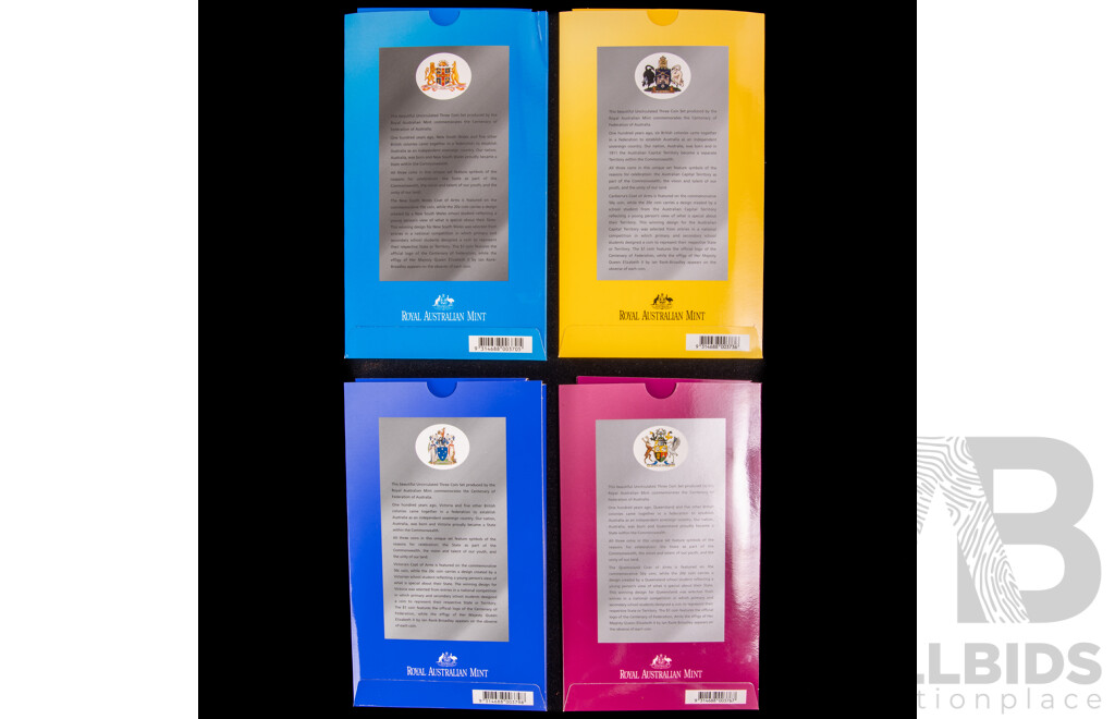 Four Australian RAM 2001 Centenary of Federation Three Coin Sets, One Dollar, Fifty and Twenty Cent, Queensland, New South Wales, Victoria, Australian Capital Territory