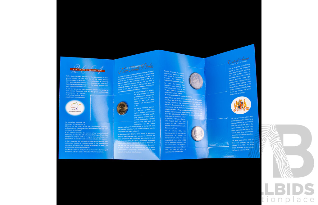 Four Australian RAM 2001 Centenary of Federation Three Coin Sets, One Dollar, Fifty and Twenty Cent, Queensland, New South Wales, Victoria, Australian Capital Territory