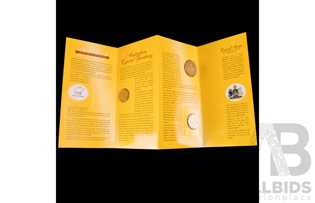 Four Australian RAM 2001 Centenary of Federation Three Coin Sets, One Dollar, Fifty and Twenty Cent, Queensland, New South Wales, Victoria, Australian Capital Territory