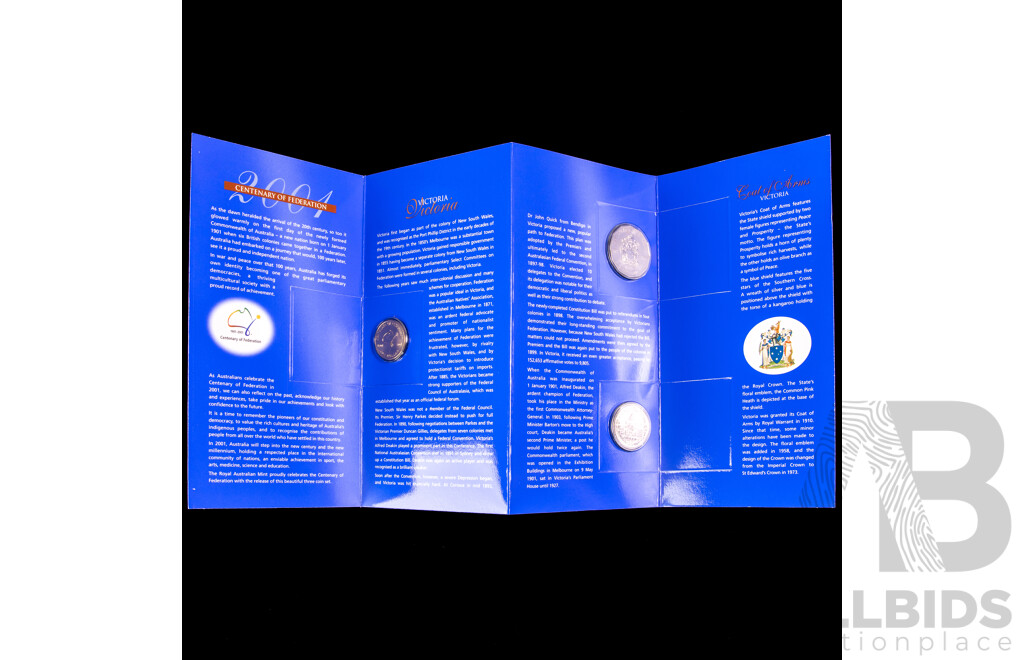 Four Australian RAM 2001 Centenary of Federation Three Coin Sets, One Dollar, Fifty and Twenty Cent, Queensland, New South Wales, Victoria, Australian Capital Territory