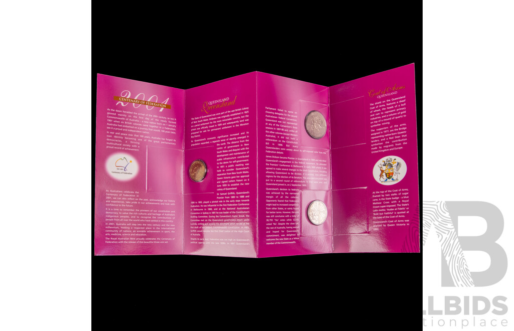 Four Australian RAM 2001 Centenary of Federation Three Coin Sets, One Dollar, Fifty and Twenty Cent, Queensland, New South Wales, Victoria, Australian Capital Territory