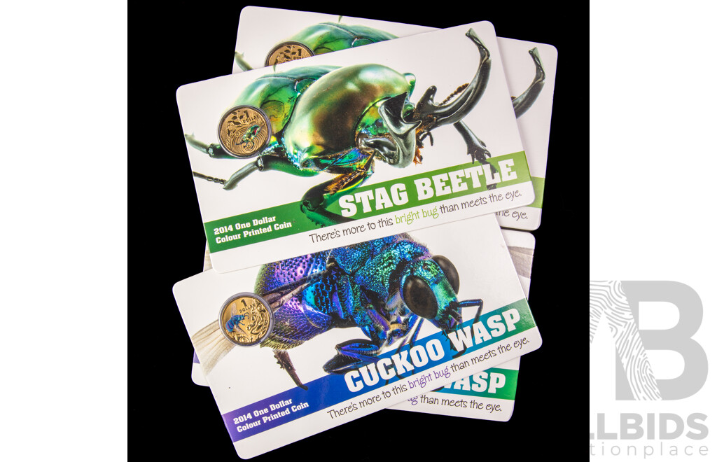 Four Australian RAM Coloured One Dollar Coins, Stag Beetle(2) and Cuckoo Wasp(2)