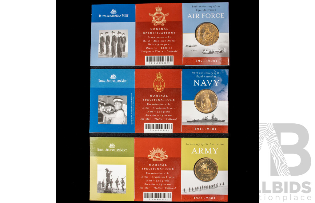 Australian RAM 2001 Australian Defence Forces Three One Dollar Coin Set Army, Navy, Air Force