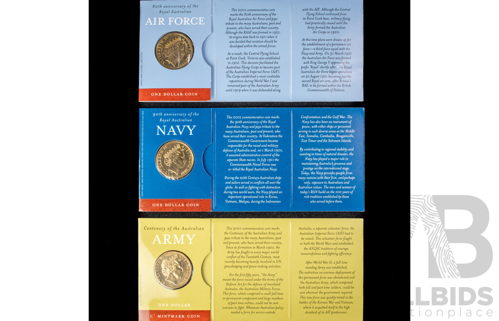 Australian RAM 2001 Australian Defence Forces Three One Dollar Coin Set Army, Navy, Air Force