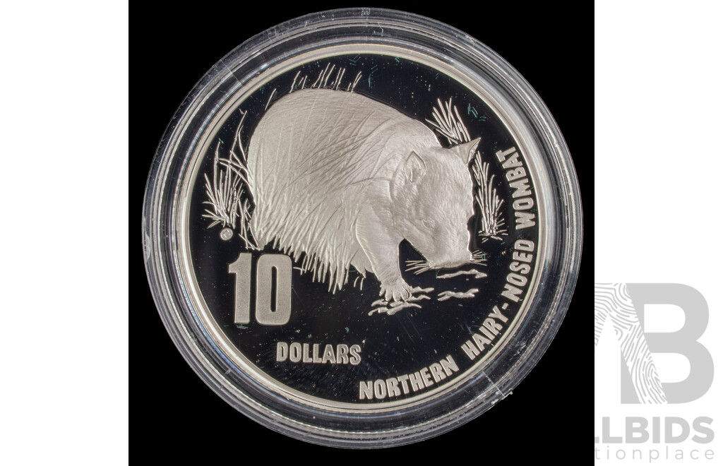 Australian RAM 1998 Silver Proof Ten Dollar Coin, Australia's Endangered Species, Northern Hairy Nosed Wombat .925