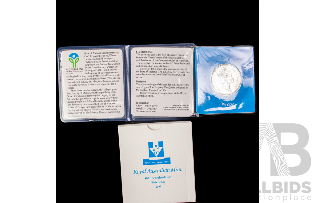 Australian RAM 1985 Silver Ten Dollar Coin, State Series, Victoria .925