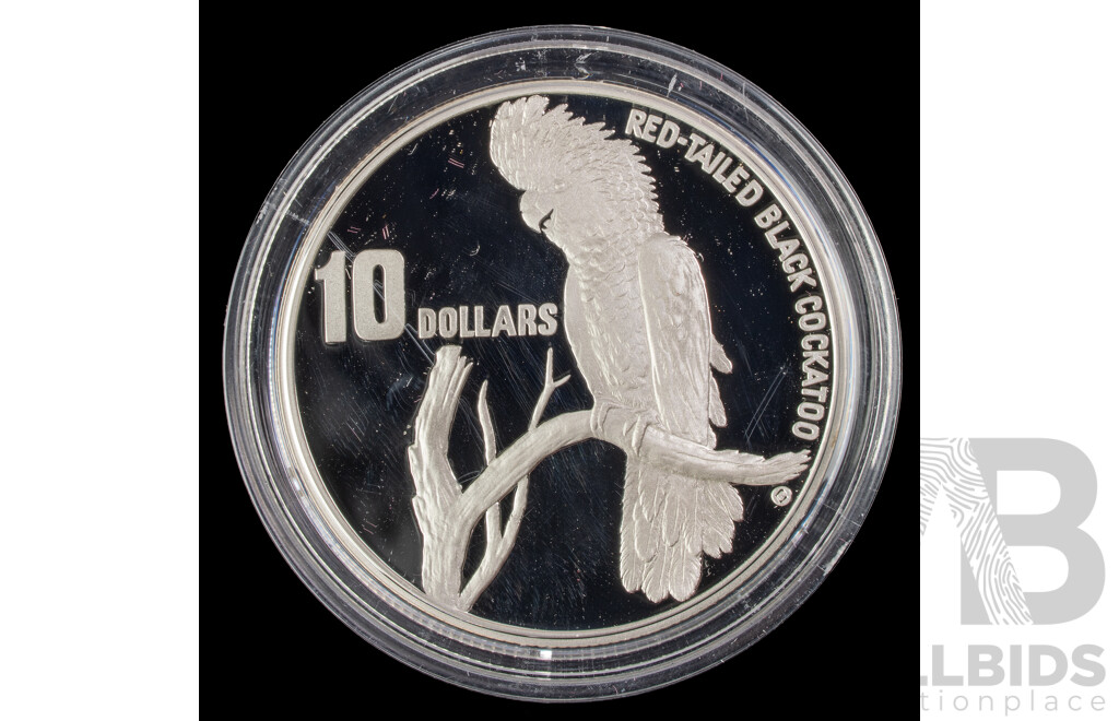 Australian RAM 1997 Silver Proof Ten Dollar Coin, Australia's Endangered Species, South Eastern Red Tailed Black Cockatoo .925