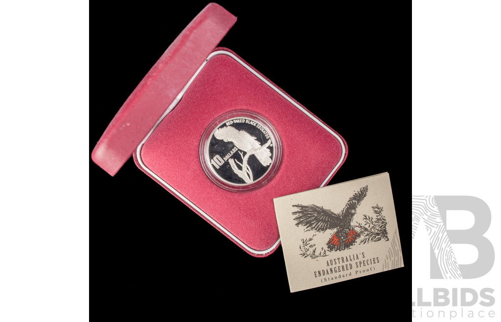Australian RAM 1997 Silver Proof Ten Dollar Coin, Australia's Endangered Species, South Eastern Red Tailed Black Cockatoo .925